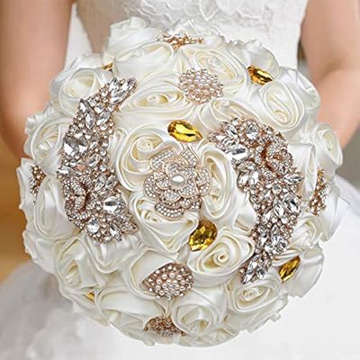 WIFELAI-A Handgefertigte Strass-Brosche für Hochzeitsblumen, Brautsträuße, Kristall, Brautstrauß, weiße elfenbeinfarbene Satin-Rosen mit Diamant-Perlenband