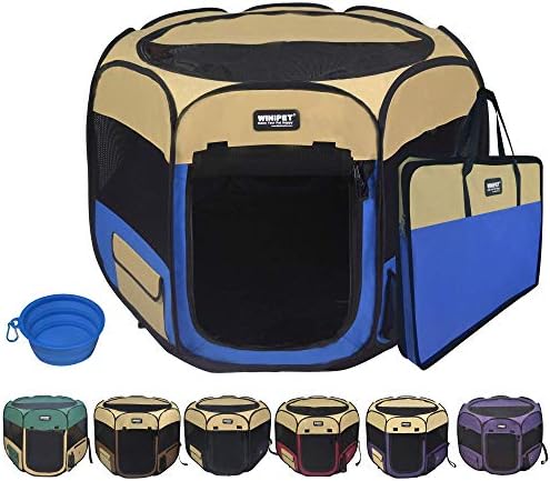 WINiPET 2-Door Folding Soft Pet Playpen (2 Year Warranty), Plus Carrying Bag and Food Grade Silicone Bowl, 10-Size and 12-Color Portable Dog Cat Playpen, Exercise Pen, Indoor & Outdoor Pet Home