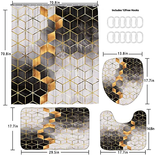 Lqcool 4Pcs Black Gradient Shower Curtain Set,Black Marbling Shower Curtain Set Golden Cubic Lines Bathroom Set Texture Modern Art Bath Accessories With Mats #TOP3