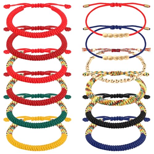 Tondiamo 12 Pcs Tibetan Bracelets Adjustable Handmade Tibetan Buddhist Red String Copper Beads Woven Knots Ethnic Colorful Mens Womens Lucky Bracelets for Protection Jewelry