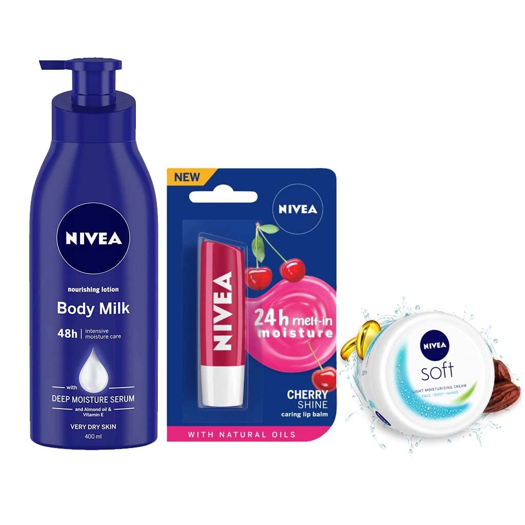 NIVEA Body Milk Nourishing Lotion, 400 ml, Soft Light Moisturiser, 50 ml, and Cherry Shine Lip Balm, 4.8 g (3 Items in the set)-picture-27