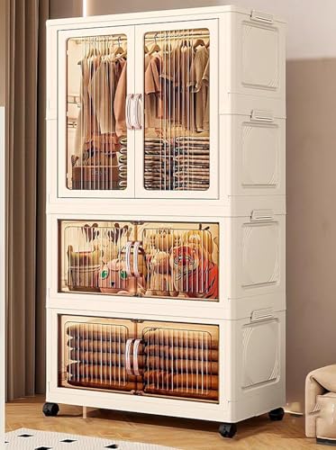 Image of Sunderlook Plastic Wardrobe for Kids Clothes - Standing Desk Premium Comfort Foldable Collapsible Wardrobes for Clothes, Large Plastic Cupboard for Kids, Men and Women (Transparent White, 3 Door)