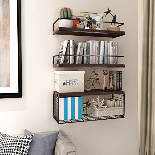 Floating Shelves Wall Mounted With Storage Basket And Protective Guards,Bathroom Shelves Over Toilet,Rustic Wood Shelves For Bedroom,Living Room,Kitchen,Wall Decor,Plants,Books-Dark Brown #TOP5