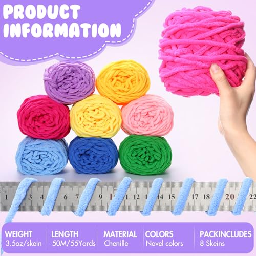 Image of Buryeah 8 Pack Chunky Chenille Yarn for Crocheting Soft Thick Fluffy Yarn for Hand Knitting Bulky Velvet Blanket Plush for Weaving DIY Crafts Each 3.5 oz 55 Yards (Novel Colors)