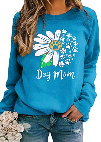 Dog Mom Shirt Women Funny Dog Mama Sunflower Sweatshirt Dog Lover Letter Print Long Sleeve T Shirt Blue