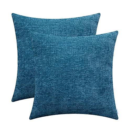 Image of CaliTime Pack of 2 Cozy Throw Pillow Covers Cases for Couch Sofa Home Decoration Solid Dyed Soft Chenille 12 X 12 Inches Ocean Blue