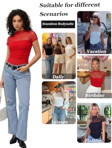 Image of Avidlove Women's Short Sleeve Bodysuit Turtle Neck Body Suits Mesh One Piece Leotard Going Out Tops Date Outfits