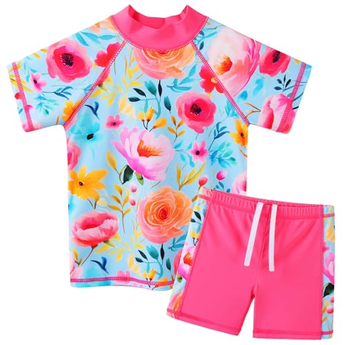 Image of Girls Two Piece Swimsuit Floral UPF 50+ Rash Guard Set Kids Beach Swimwear