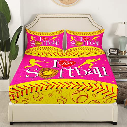 Softball Player Bedding Set Twin Size Sports Softball Bed Set for Girls Teens Bedroom Decor Kids Yellow and Pink Fitted Sheet Soft Microfiber Gaming Bed Cover(1 Fitted Sheet+1 Pillow Case)