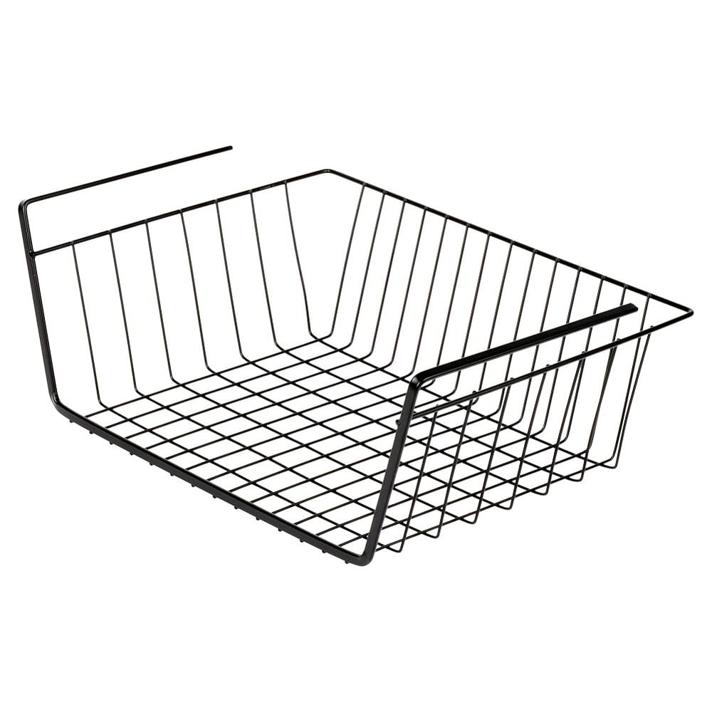 Vilde Lot de 3 paniers inférieurs 40,5 x 26,5 x 14,5 cm en métal noir – Panier suspendu pour étagère sans perçage - Organiseur de cuisine, armoire de bureau, panier de rangement à suspendre sous