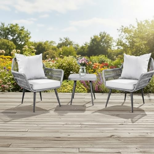 Image of LOCCUS 3 PCS Outdoor Rattan Furniture Set, Patio Wicker Bistro Chairs with Glass Table, All-Weather Conversation Set for Balcony, Terrace & Backyard (Grey)