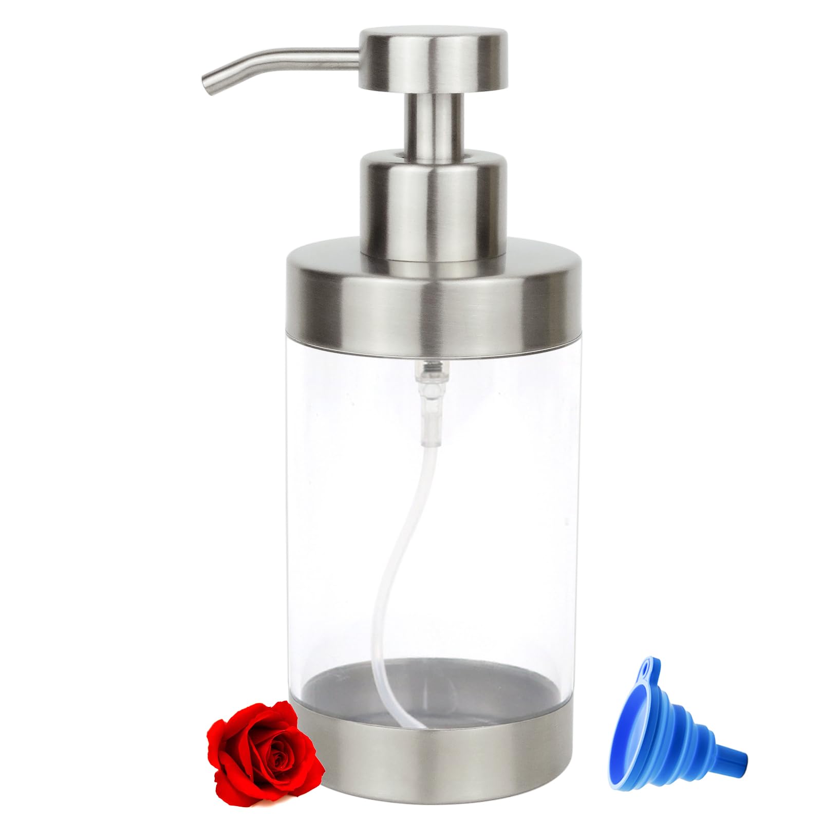 Foaming Soap Dispenser with Clear Bottle, 12oz Stainless Steel Hand Pump Dispenser, Stainless Steel Shell with Acrylic Liner Refillable Pump Bottle (