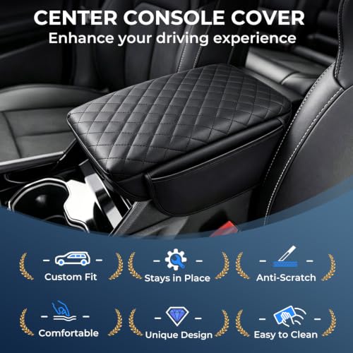 Image of Center Console Cover for Jeep Grand Cherokee L 2026 2025 2024 2023 2022 2021, 1.2-Inch Thick PU Leather Middle Armrest Cushion Protector Pad with 2 Side Pockets, Black