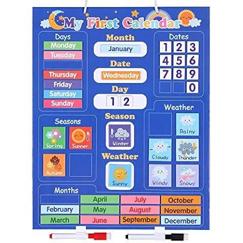 FBve Classroom Calendar Chart, 16” X 13” Magnetic Calendar for Kids, Preschool Learning Toys, Homeschool Supplies, Hang on Wall or Fridge with 41 Magnetic Blocks, 2 Pens, 1 Lanyard Cover
