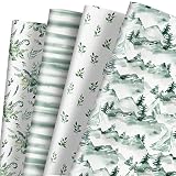 Whaline 12 Sheet Green Forest Wrapping Paper Watercolor Mountain landscape Gift Wrap Paper Woodland Decorative Folded Flat Art Paper for Wedding Birthday DIY Crafts Gift Packing, 19.7 x 27.6 Inch