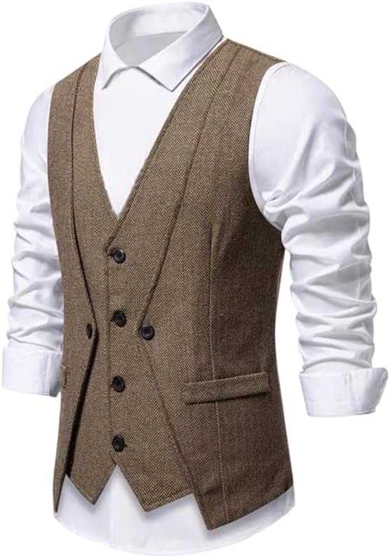 Men's Herringbone Tweed Suit Vest Wool Blend Layered Waistcoat for Wedding