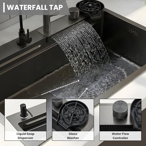 Image of Gloxy Premium SS 304 Nano Single Bowl Smart Kitchen Sink 30x18X9 Inches - Black Matt FInish Multifunction Sink With Integrated Waterfall - Anti Scratch Honeycomb Design with Pull Down Faucet