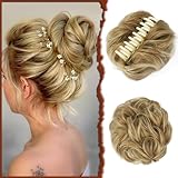 Sofeiyan Claw Clip Messy Bun Hair Piece Synthetic Tousled Updo Hair Extensions Wavy Curly Hair Bun Clip in Claw Chignon Ponytail Hairpieces Scrunchie Hairpiece for Women, Dark Blonde/Bleach Blonde mix