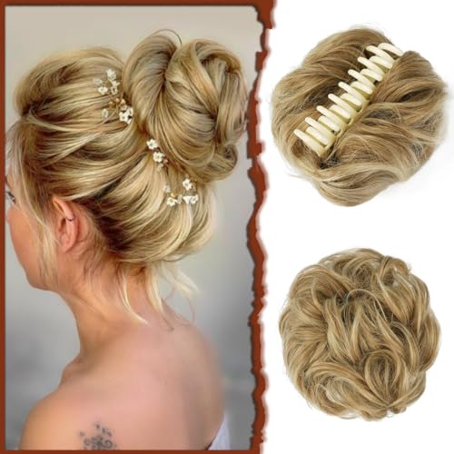 Sofeiyan Claw Clip Messy Bun Hair Piece Synthetic Tousled Updo Hair Extensions Wavy Curly Hair Bun Clip in Claw Chignon Ponytail Hairpieces Scrunchie Hairpiece for Women, Dark Blonde/Bleach Blonde mix