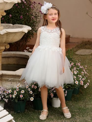 Abaowedding White Floral Lace Flower Girl Dress Kids Tiered Tutu Tulle Wedding Birthday Party Dress4