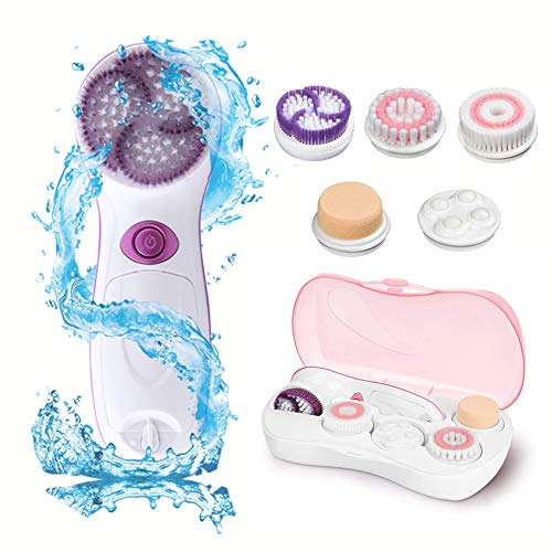 Face Brush Waterproof Facial Cleansing Brush 5 in 1 Set Electric Skin Exfoliating Cleansing Massager Spin Foaming Facial Cleanser Brush for Perfect Skin Men Women (Purple)