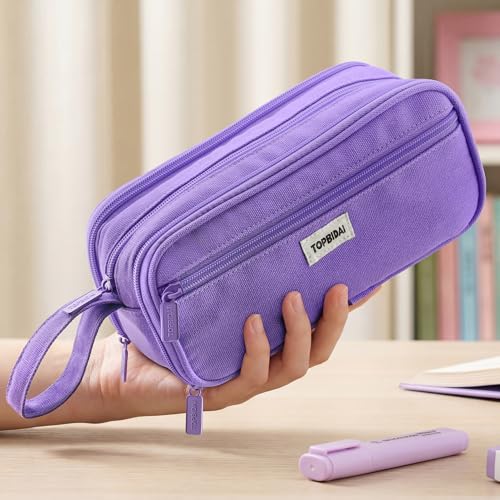 Image of TOPBIDAI Large Pencil Case Pouch for Girls Boy Women Men Adults | Big Capacity Canvas Pencil Bag, Office School Supplies, Multi Compartment Zipper Stationery Pen Box(Full Purple)