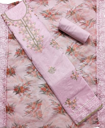 Image of Rubani Women's Heavy Chanderi Cotton Embroidery Work Unstitched Salwar Suit Dress Material With Organza Printed Dupatta(Free Size)