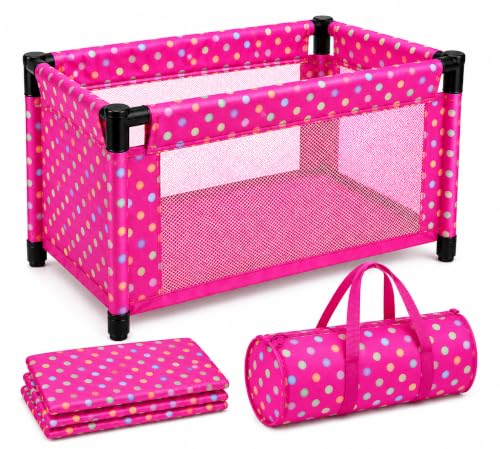 fash n kolor Doll Playpen & Crib – 22" Pink Polka Dot Baby Doll Crib Foldable Baby Doll Play Yard with Mesh Sides – Fits 18" Dolls, Pretend Nursery Accessory for Kids
