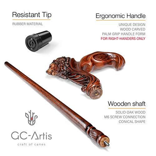Gc-Artis Lion Head Wood Carved Walking Stick Ergonomic Palm Grip Handle 36” Wooden Walking Cane For Men Women Brown #TOP1