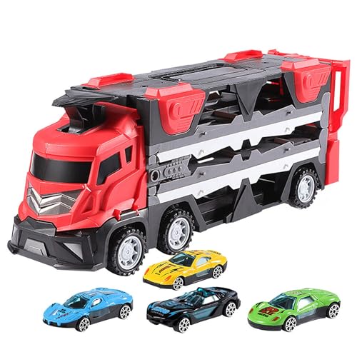 Image of Kidology Car Carrier Truck Toy Set - Mega Hauler Race Track with Ejection - 4 Mini Racing Cars - Folding Storage Truck Toy for Kids - Boys & Girls Toy for 3+ Years Old (Mega Hauler Truck - Red)