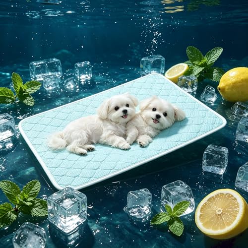 KMIRTNE Pet Cooling Mat Scratch Resistant QMAX>0.5 Instant 6-12F Drop No Water or Electricity Needed Self Cooling Crate Mat for Bed Floor Car Travel Indoor Outdoor Summer Use Light Blue 24 x 18