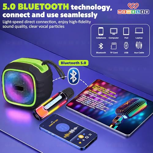 Image of Wembley Karaoke Mic with Speaker Bluetooth | RGB Lights & 5 Voice Effects | Rechargeable Mini Speaker | Mike for Kids with Speaker for Singing | Birthday Gift for Boys & Girls Age 3-14 Years