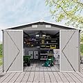 KEIKI 10x 14 FT Metal Storage Shed Outdoor, Large Garden Shed with Roof & Lockable Doors, Utility Tool Sheds Frame & 4 Vents for Patio Backyard Bicycles Storage House, All Weather Use, Light Grey