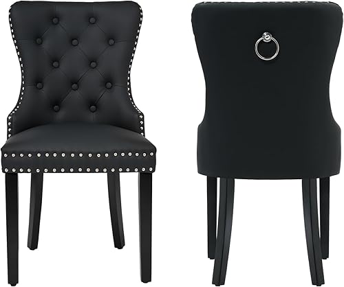 Juego de 2 sillas de comedor de cuero PU, sillas de comedor tapizadas acolchadas con anillo de tracción y patas de madera maciza, negro