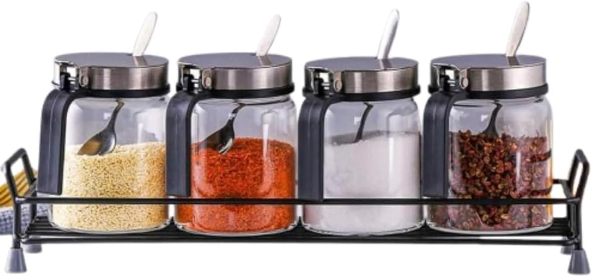 Seasoning Box with Spoon, Moisture Proof Glass Salt Shaker, Stainless Steel Spring Cover, Seasoning Bottles, Kitchen Home Set, Spice Rack, Kitchen Spice Rack, Solid Condiment Bottle, Condiment