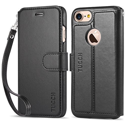 TUCCH iPhone 7 Wallet Case, iPhone 7 Case, Magnetic PU Leather Phone Folio Case with [Credit Card Slot] Flip Stand [Wrist Strap], Carry-All Book Flip Cover Compatible with iPhone 7 4.7 Inch, Black