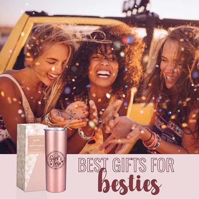 Onebttl Girls Trip Gifts for Women, Friends, Teens, Besties, Her - 20oz/590ml Stainless Steel Insulated Tumbler with Straw, Lid, Rose Gold