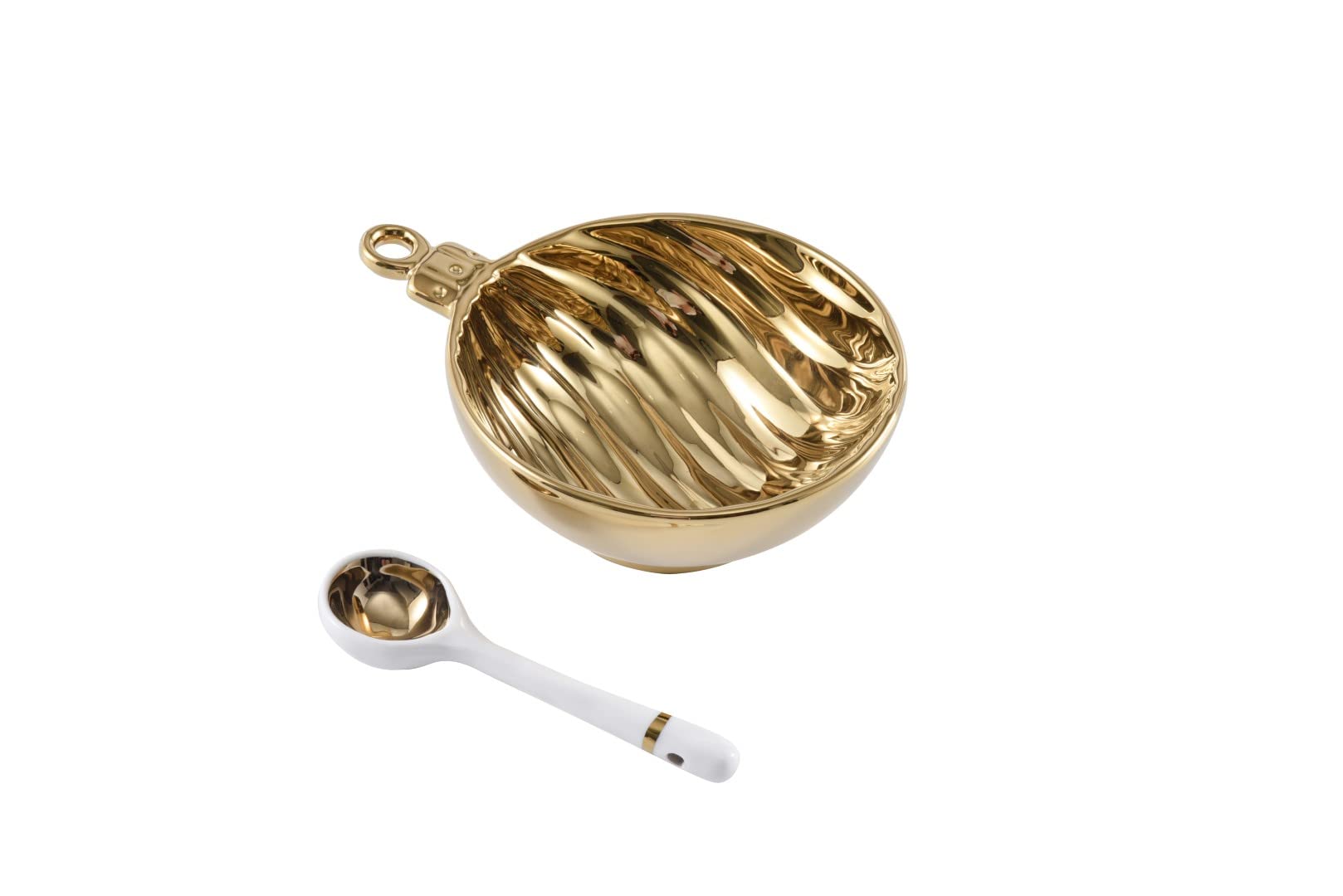 Pampa Bay Get Gifty Porcelain Christmas Tree Ornament Shaped Serving Bowl with Serving Spoon, Gold