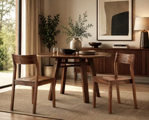Image of Genuine Decor Set of 2 Rosewood Dining Chairs - Rustic Teak Brown Finish, Solid Wood, No Cushion, Perfect for Dining Room, Living Room, Bedroom (Without Cushion)