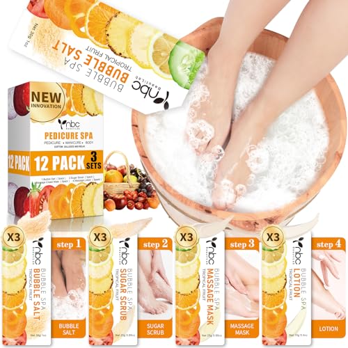 nbc BeautiLab Pedicure Kit Foot Soak Set: Bubble Salt Sugar Scrub Massage Mask Massage Lotion in a Box 4 Step Foot Spa Kit for Dry Feet Tired Feet3 Set Tropical Fruit)