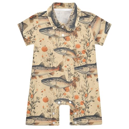 Cotton Baby Boy Clothes Polo Neck Short Sleeve Baby Unisex Outfit for Summer 3M Beauty Salmon Chinook Fishes
