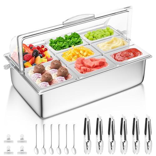 Countertop Food Serving Display Container with Clear Roll Top Cover, Stainless Steel Salad Serving Tray Condiment Dispenser Ice Food Serving Display Tray for Buffet Restaurant Kitchen Party(8 Pan) by Nessxa - Used condition - US$86.75
