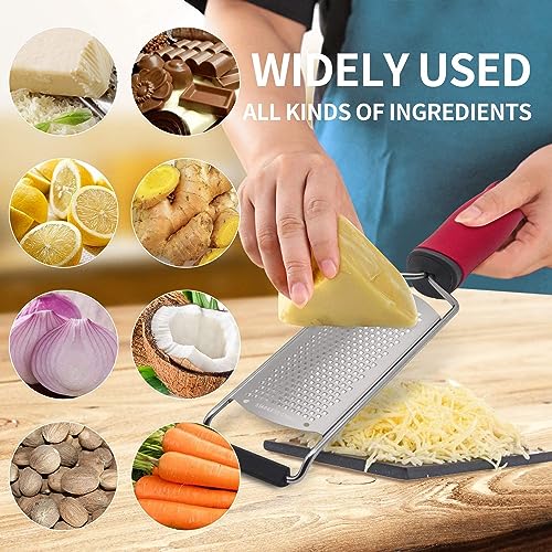 Image of Lemon Zester & Cheese Grater - Cheese, Lemon, Ginger, Garlic, Vegetables, Fruits - Razor-Sharp Stainless Steel Blade Protective Cover, Dishwasher Safe 12 Inch Flat (Black & Red)