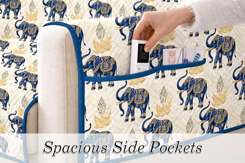 Image of Cloth Fusion 300 GSM Quilted Jaipuri Theme Printed 1 Seater Sofa Cover Mat-Style Fully Covered with Armrest Pockets, Adjustable Straps & Lock Fit (60 cm Seat Run, Elephant Motif)