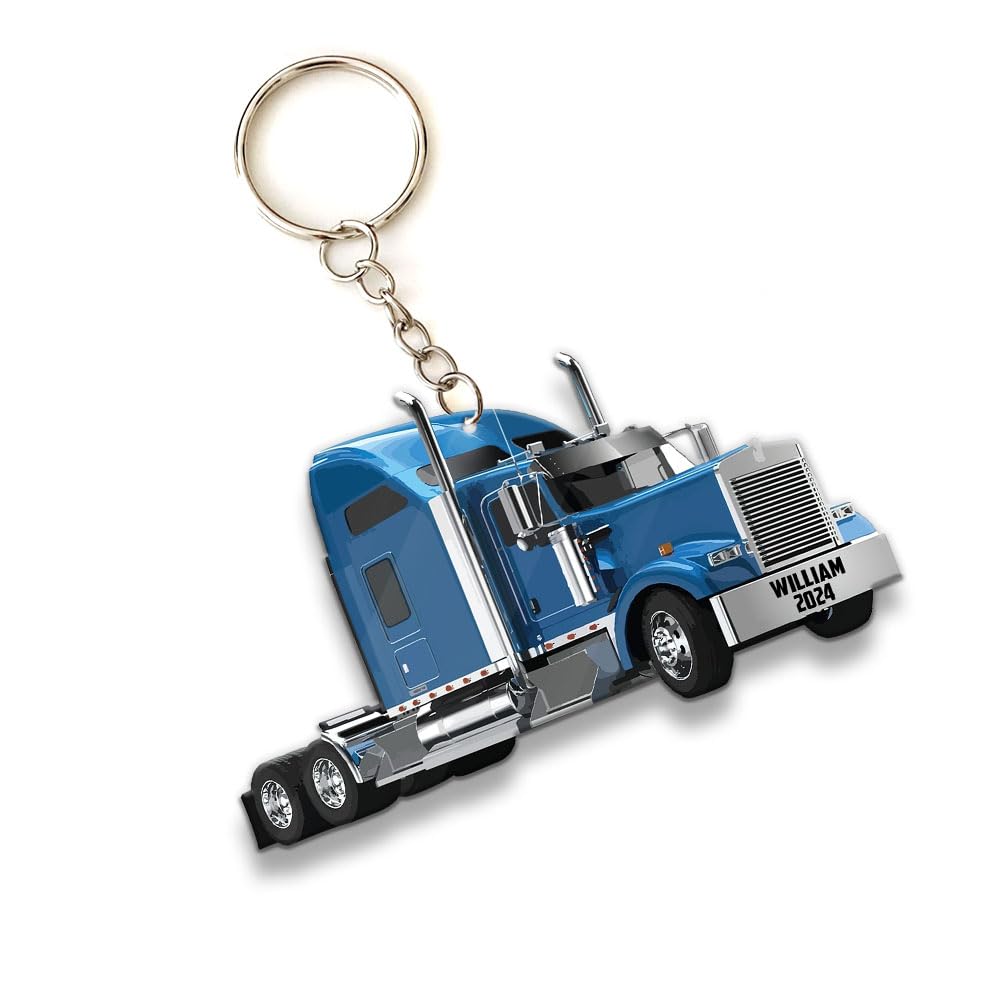 HYTURTLE Personalized 2D Flat Trucker Acrylic Keychain Gifts for Men - Truck Gifts for Men on Birthday Father's Day Christmas - Trucker Gift for Him Husband - Blue Custom Name Key Ring Key Chain