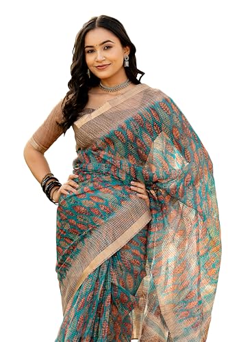 Image of MIRCHI FASHION Kota Doria Cotton Saree with Blouse Piece | Leaf Floral Printed Saree for Women | Traditional Ethnic Daily Wear Summer Saree