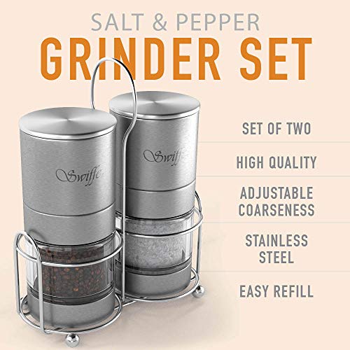 Swiffe Salt And Pepper Grinder Set - 2 Stainless Steel And Acrylic Salt And Pepper Mills - Adjustable Coarseness - Good Fresh Grind - Great For Gourmet Kitchen Chefs - Classic Design - Nice On Table #TOP1