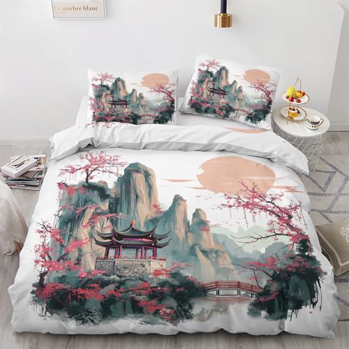 ZyxMehtic Housse de Couette Paysage Chinois Japonais - Parure de Lit 1 Personne Sakura Montagne Housse Couette 90x190 en Microfibre Douce avec Fermeture...