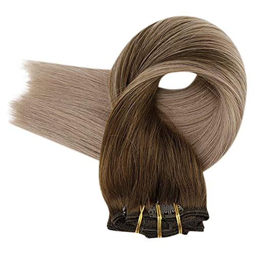 Image of Full Shine Clip in Real Hair Extensions, Medium Brown to Blonde, 18 Inch | Clip in Extensions Real Human Hair, Natural Blend, Adds Length, Silky Straight, Daily Styling, Heat Friendly, 120g 7 Pcs