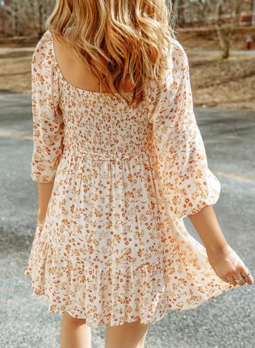 Image of Dokotoo Fall Dresses for Women 2025 Boho Floral Square Neck Smocked 3 /4 Sleeve Casual A-Line Swing Mini Dress Sundress